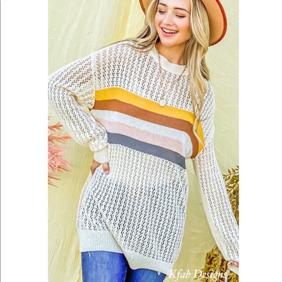 New! Clearance Colorblock Eyelet Hole Striped Lightweight Long Sleeve Sweater - Picture 4 of 9